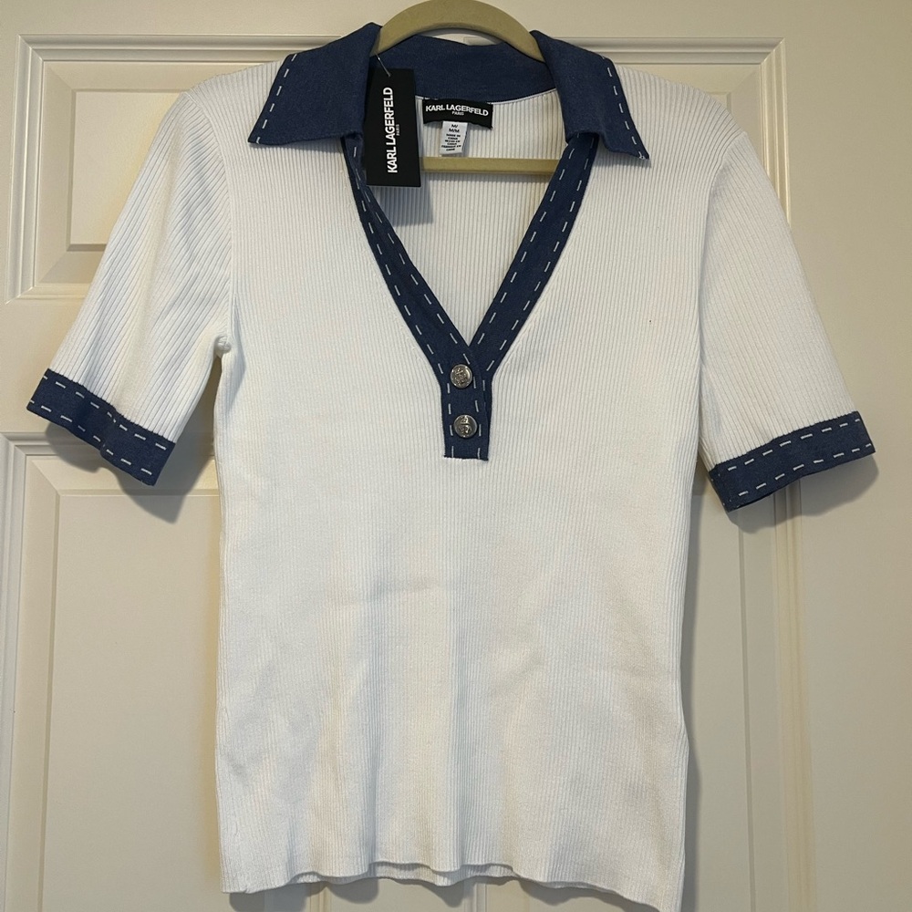 Karl Lagerfeld White Top with Blue Accents